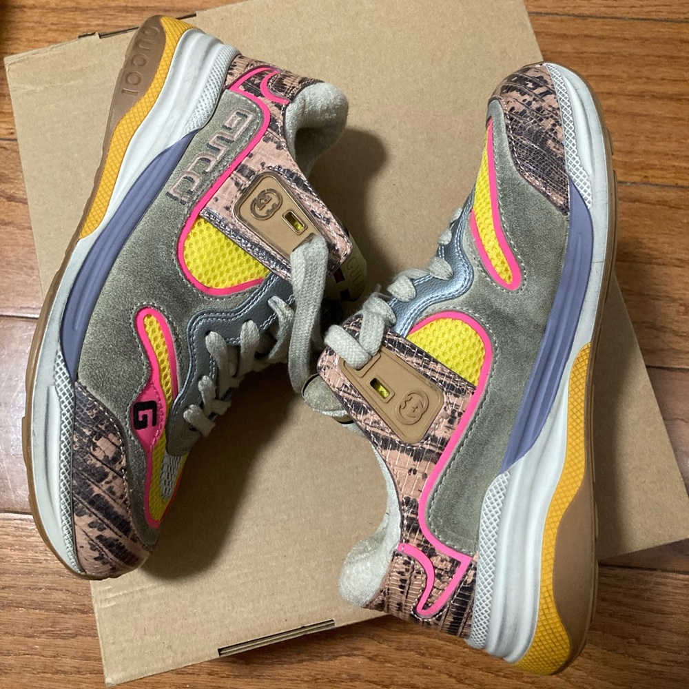 Gucci Ultrapace Sneakers Pink Multi Leather Metallic Reptile Snake Print…